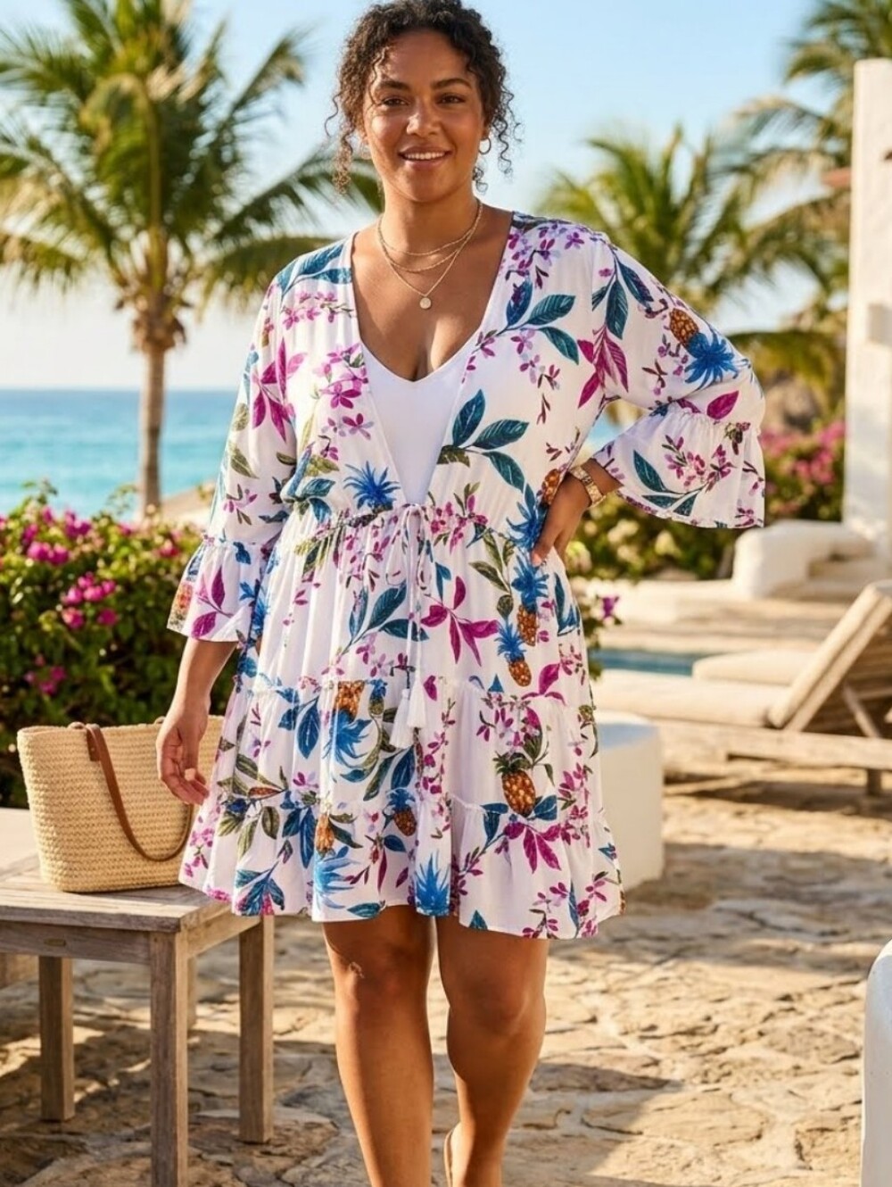 blue island Tropical Ruffled Tessel Boho  Beach Cover Up  Dress Plus Size 2X